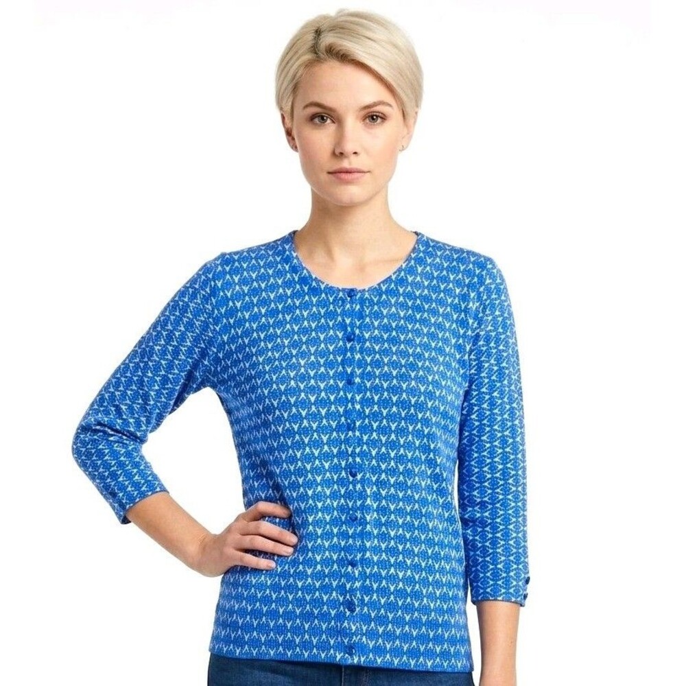 Grace Womens XL Blue White Knit Button Cardigan Sweater 3/4 Slv